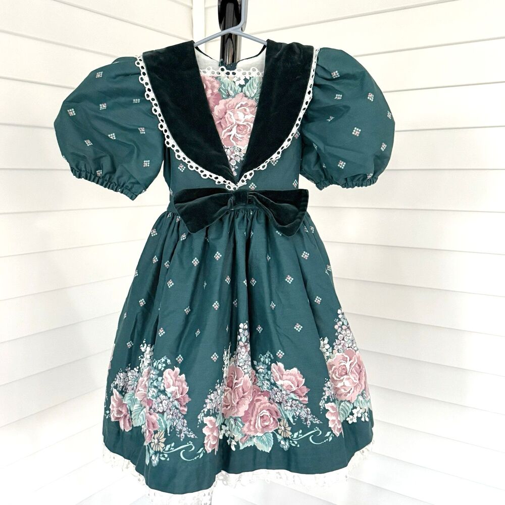 Vtg Girls 4 Daisy Kingdom Green Floral Dress Rose Collared Lace Garden 11049 USA
